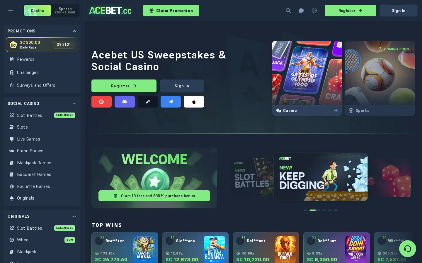 Screenshot of the Acebet Casino website